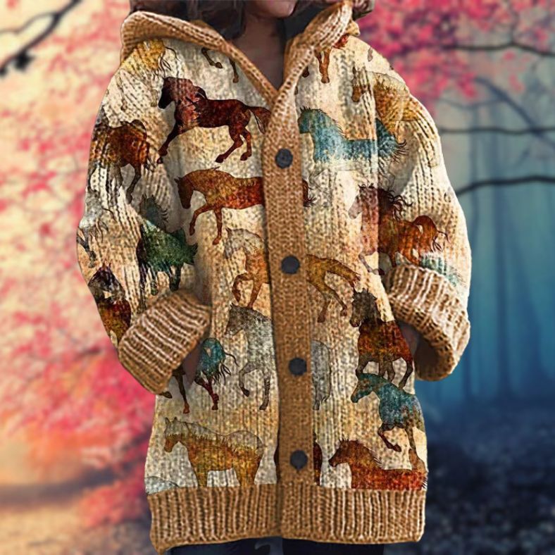 Button-Up Hoodie Thick Cozy Fabric Artistic Animal Print Deep Pockets