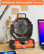 Camping Fan USB Rechargeable 20000mAh LED Light & Hanging Hook