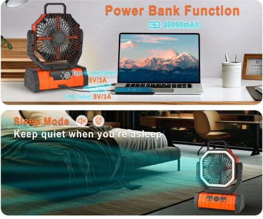 Camping Fan USB Rechargeable 20000mAh LED Light & Hanging Hook