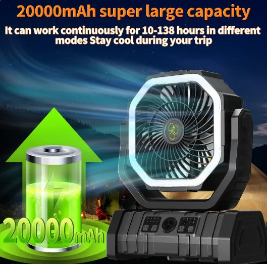 Camping Fan USB Rechargeable 20000mAh LED Light & Hanging Hook