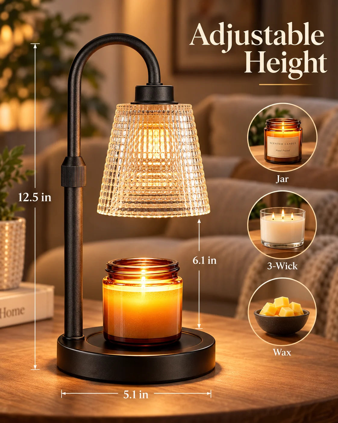 Candle Warmer Lamp Flame-Free Adjustable Height Auto-Off Timer Set of 3
