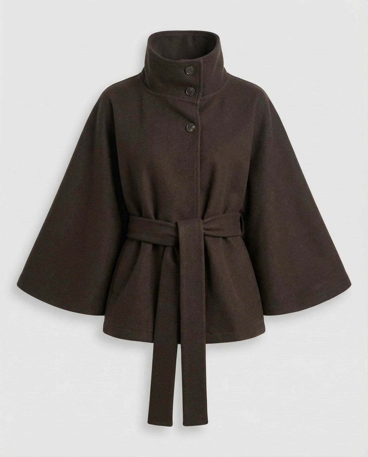 Cape Coat Wool Blend High Collar Adjustable Belt