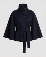 Cape Coat Wool Blend High Collar Adjustable Belt