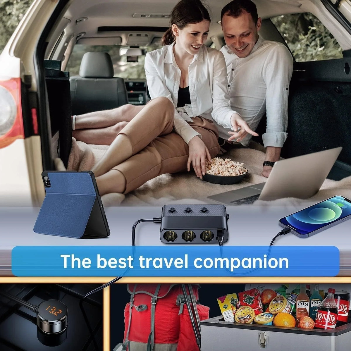Car Adapter 7-In-1 3x12V Sockets & 4 USB Ports