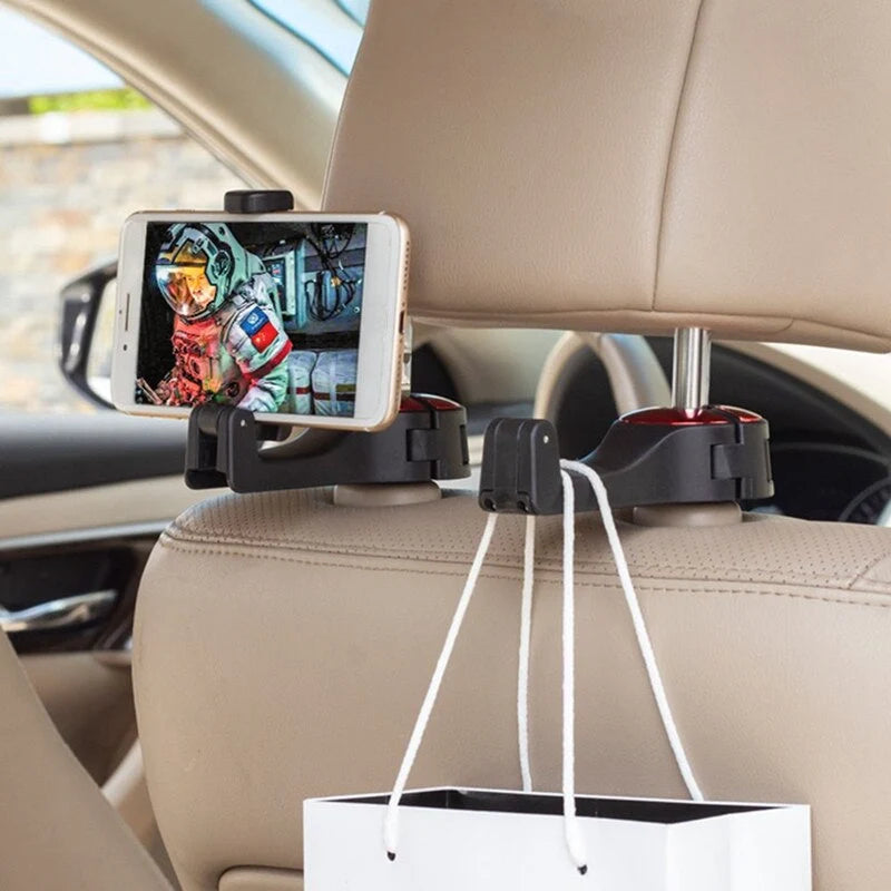 Car Headrest Phone Holder 360° Swivel & Bag Hanger