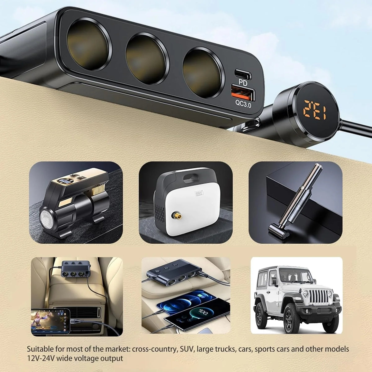 Car Power Adapter 7-in-1 USB-C PD & 3 Lighter Sockets
