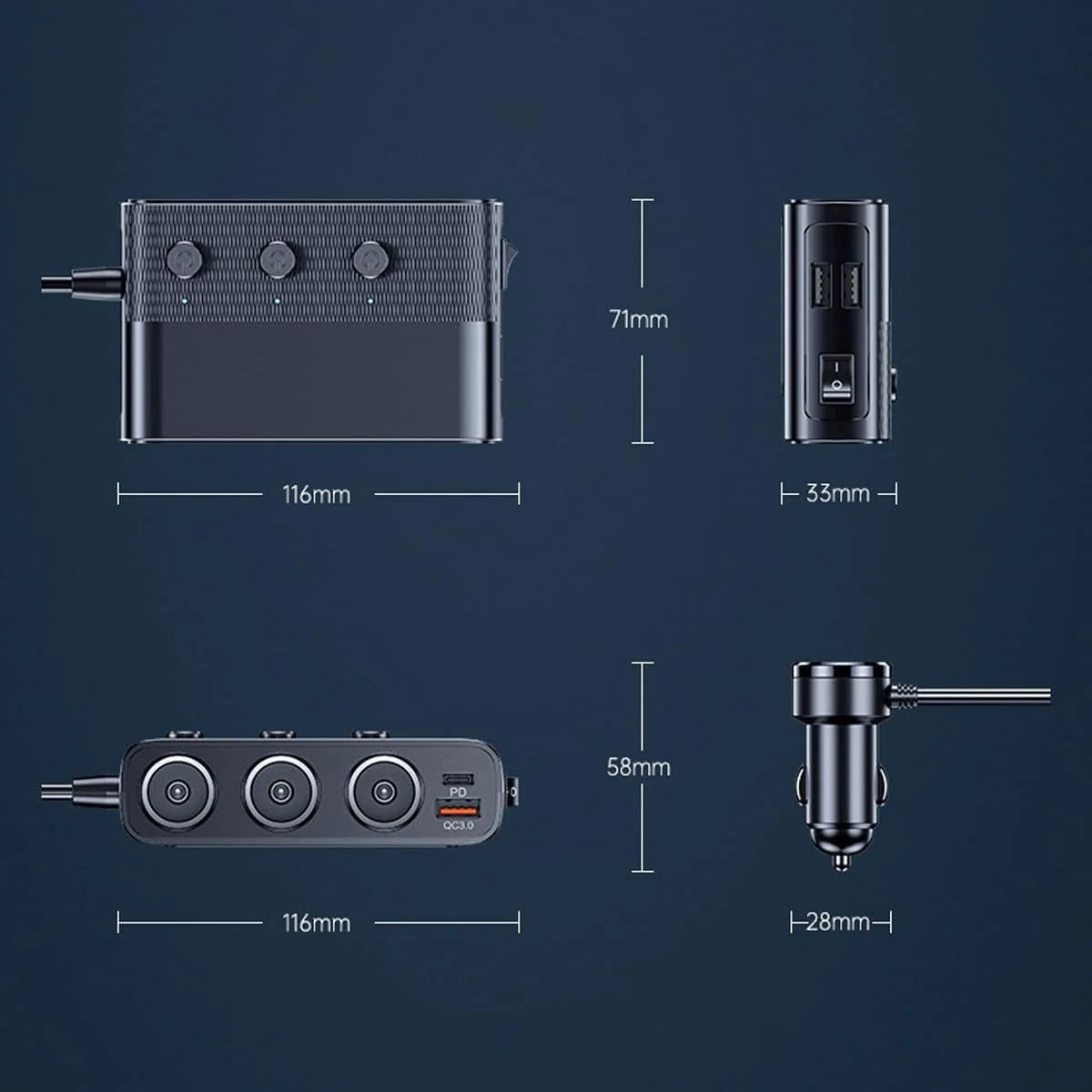 Car Power Adapter 7-in-1 USB-C PD & 3 Lighter Sockets