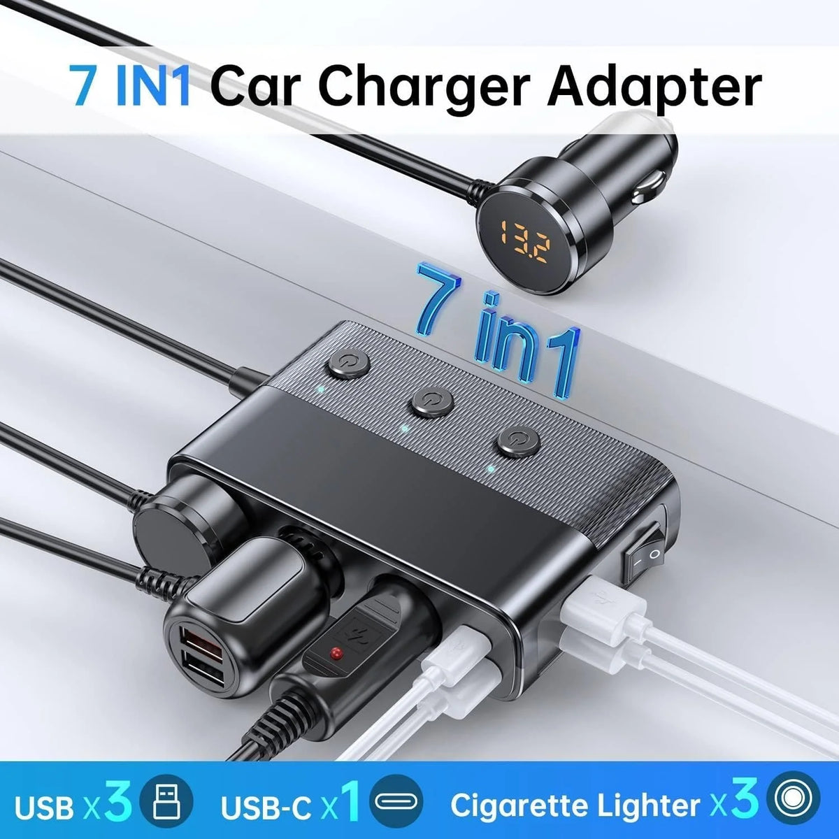 Car Socket Adapter 7-in-1 USB-C PD 30W LED Voltmeter