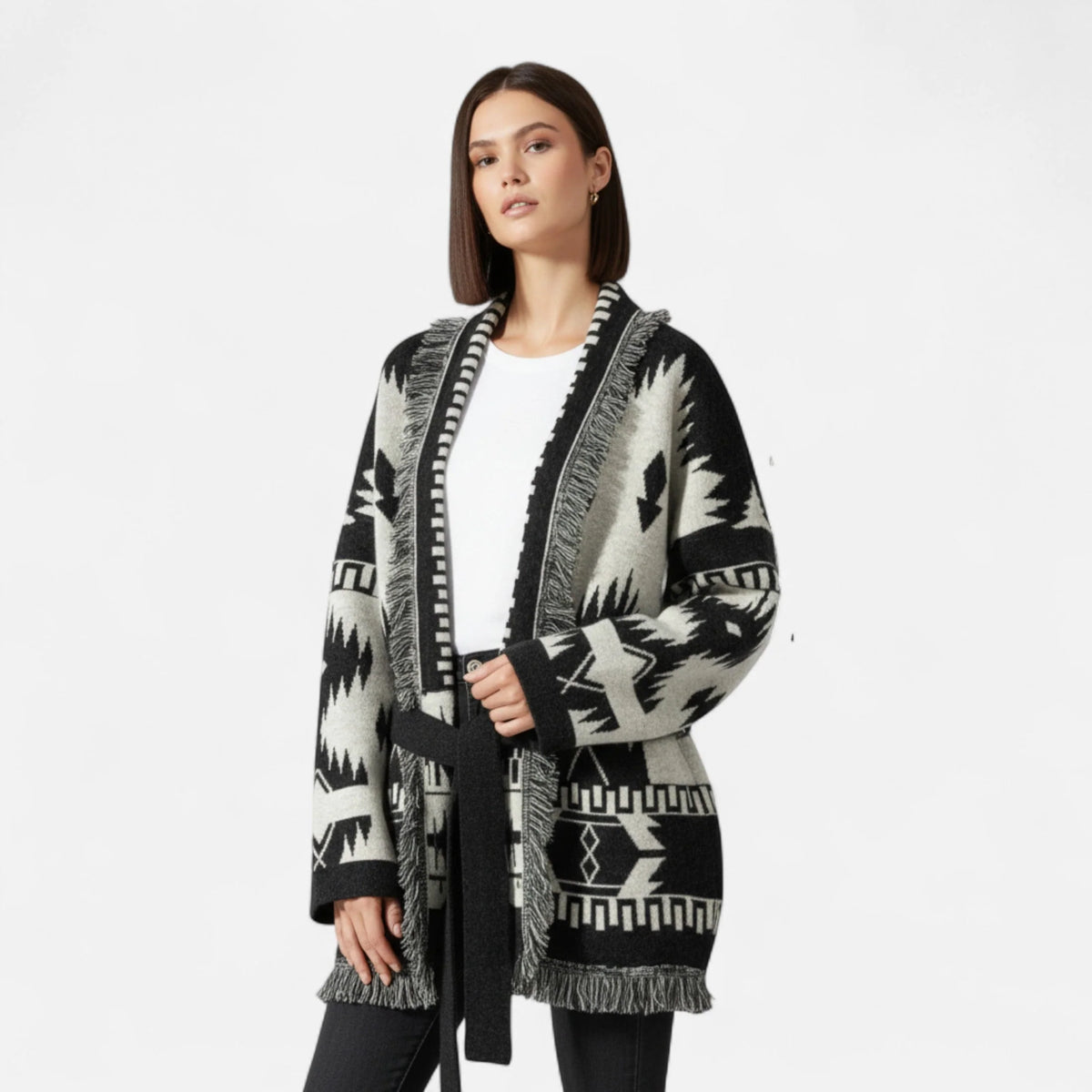 Cardigan 100% Cashmere Jacquard Knit Tassel Hem