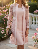 Cardigan And Dress Set Lace Overlay Twisted Waist