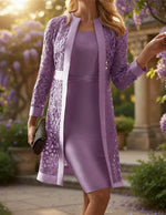 Cardigan And Dress Set Lace Overlay Twisted Waist