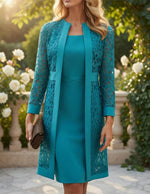 Cardigan And Dress Set Lace Overlay Twisted Waist