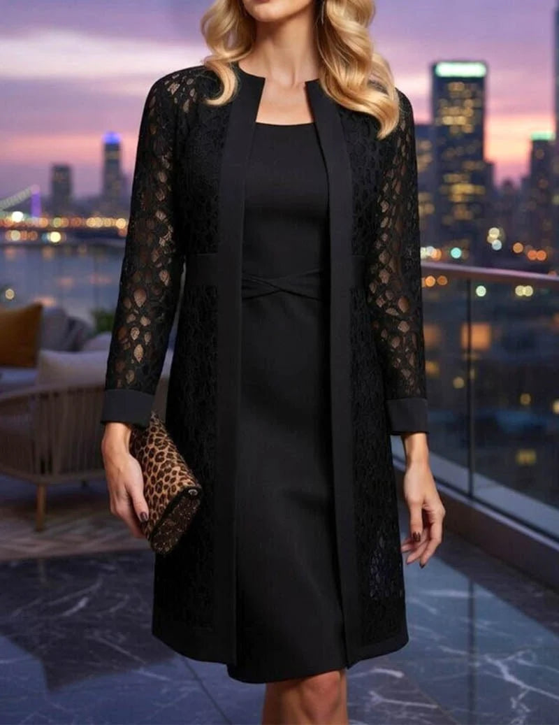 Cardigan And Dress Set Lace Overlay Twisted Waist