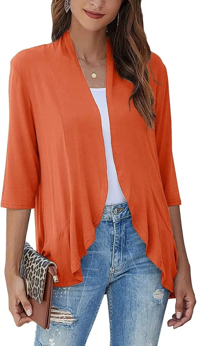 Cardigan Lightweight Draped Open Front 3/4 Sleeves