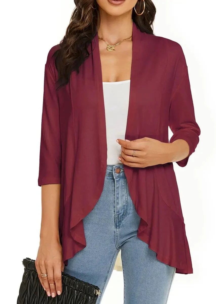 Cardigan Lightweight Draped Open Front 3/4 Sleeves