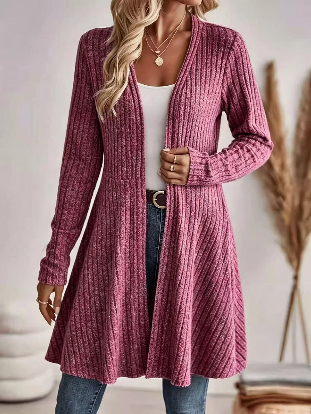Cardigan Long Ribbed Knit Open Front Lightweight Layering