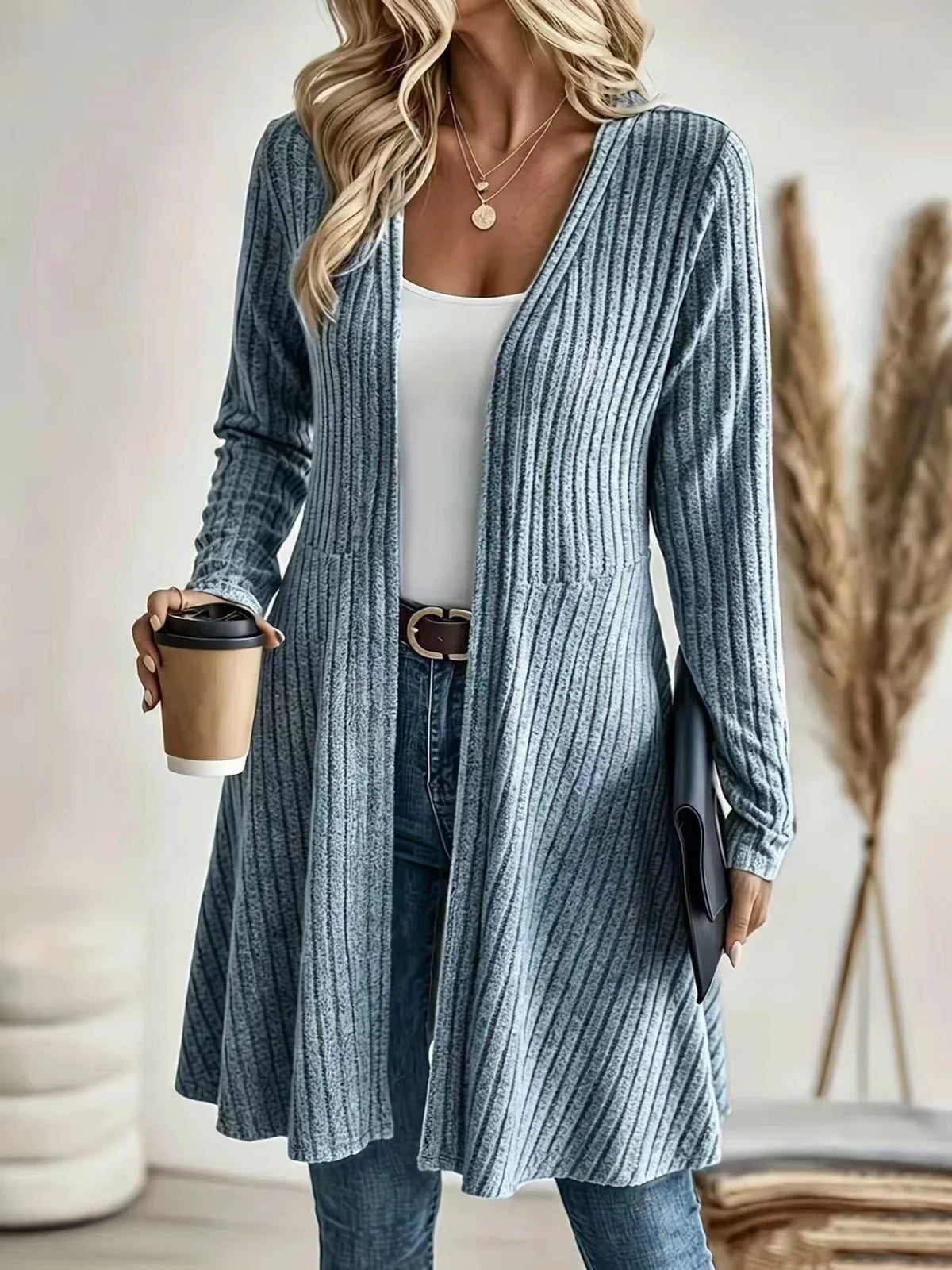 Cardigan Long Ribbed Knit Open Front Lightweight Layering