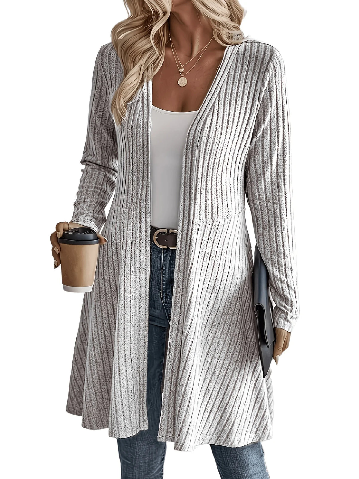 Cardigan Long Ribbed Knit Open Front Lightweight Layering