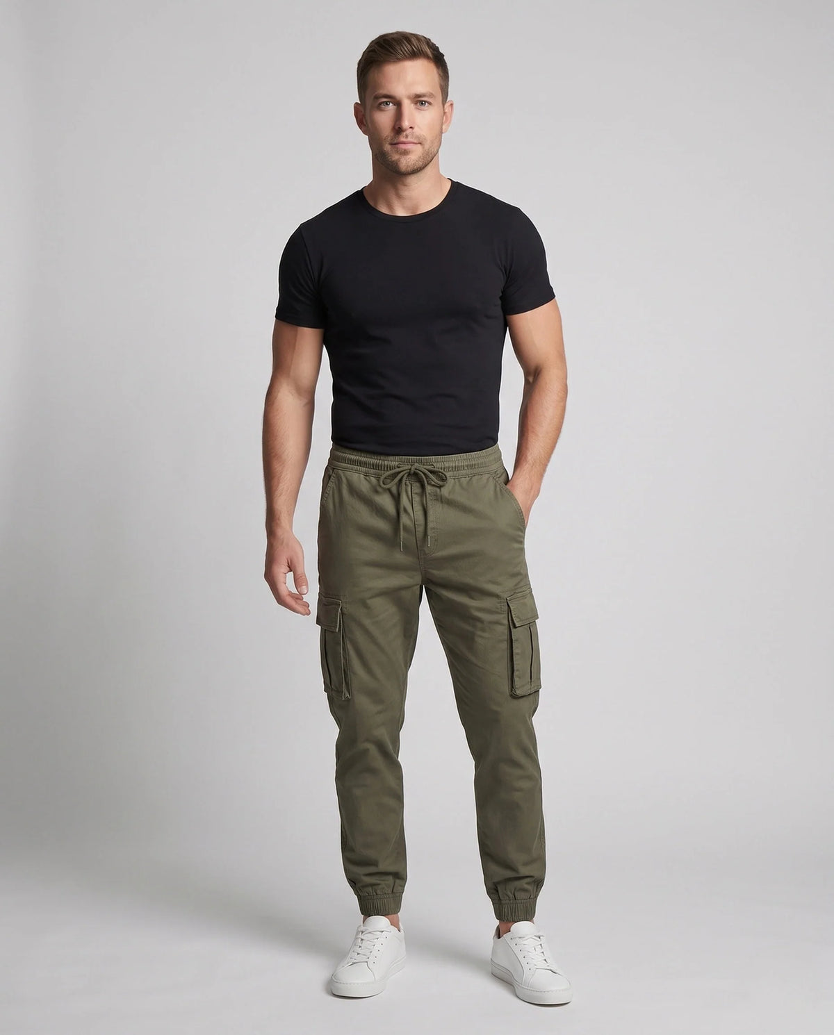 Cargo Pants Elastic Waistband With Drawstring Side Pockets