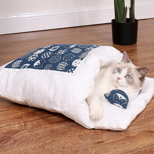 Cat Bed Semi-Enclosed Cave Design Pillow Included