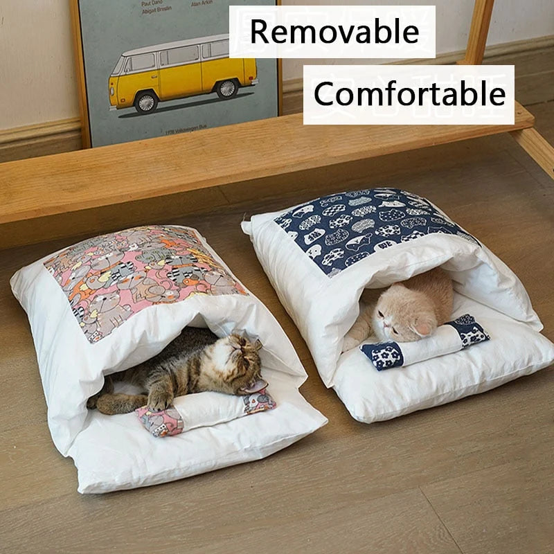 Cat Bed Semi-Enclosed Cave Design Pillow Included