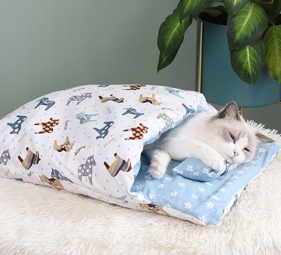 Cat Bed Semi-Enclosed Cave Design Pillow Included