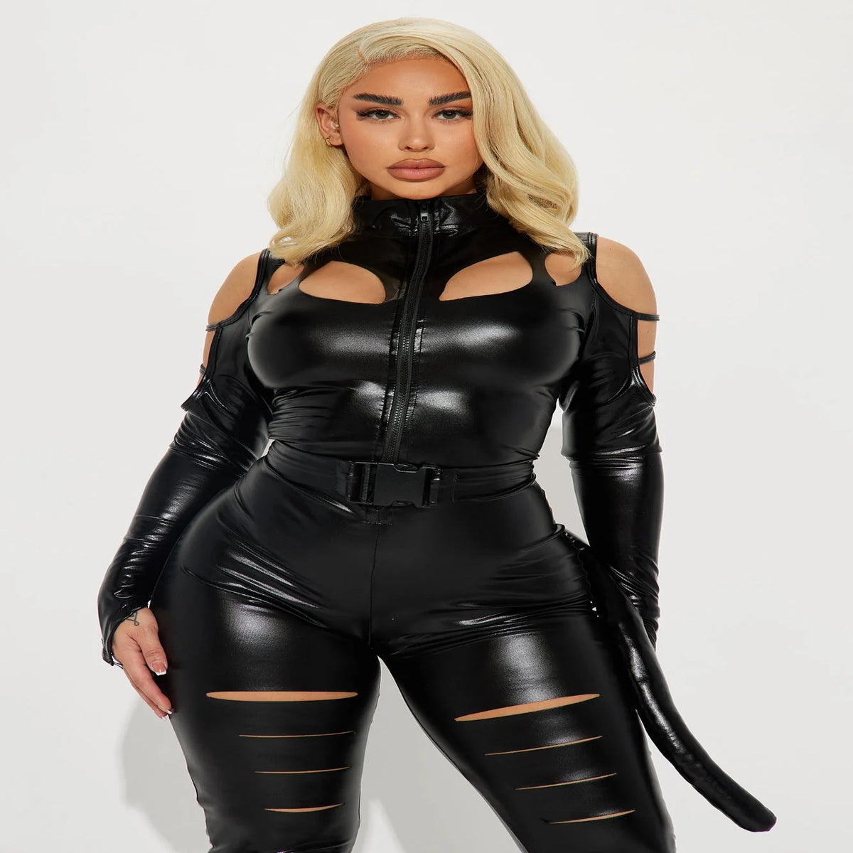 Cat Costume Jumpsuit with Attached Tail Mask & Belt