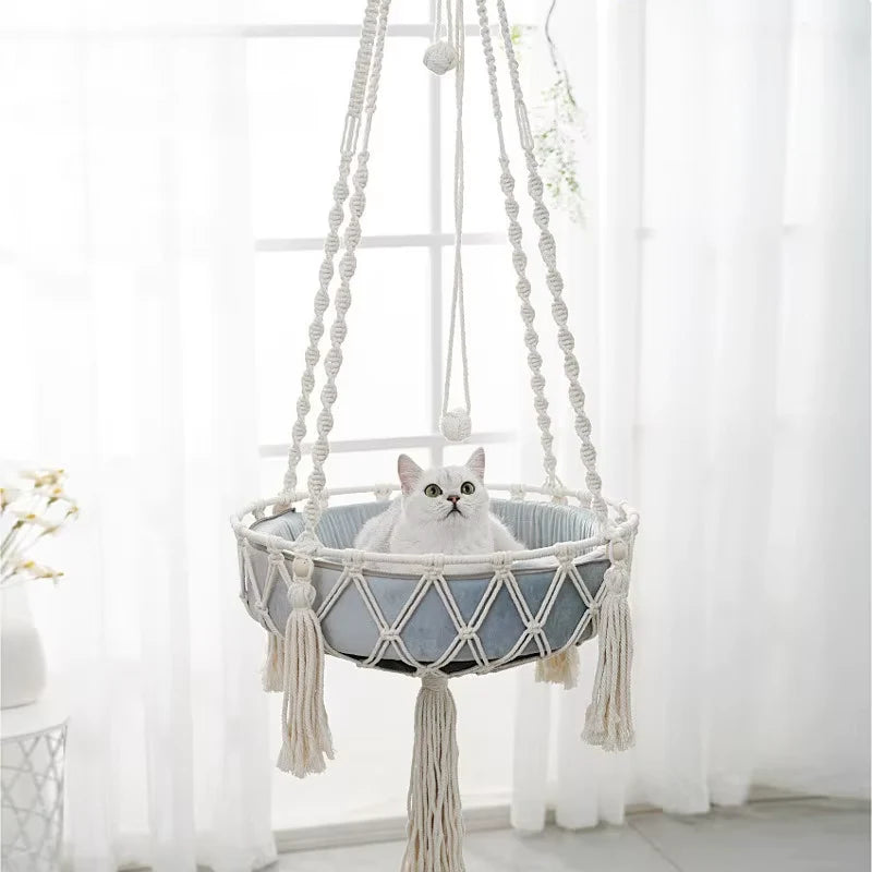 Cat Hammock Hand-Woven Cotton Rope Hanging Basket Nest