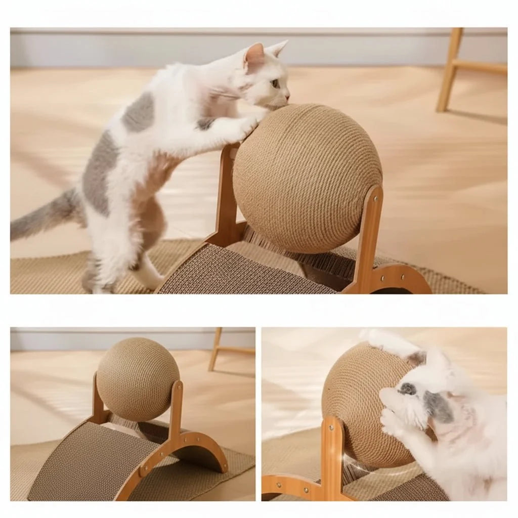 Cat Scratcher Toy Natural Sisal Interactive Ball & Wooden Platform