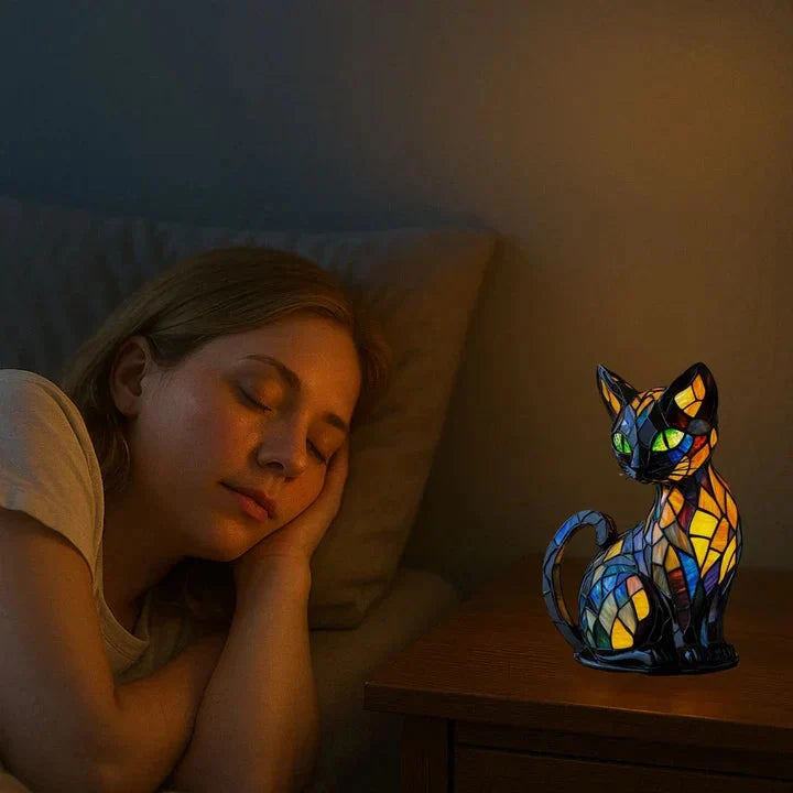 Cat Table Lamp Stained Glass Design Warm LED Lighting