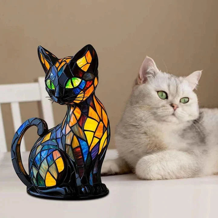 Cat Table Lamp Stained Glass Design Warm LED Lighting