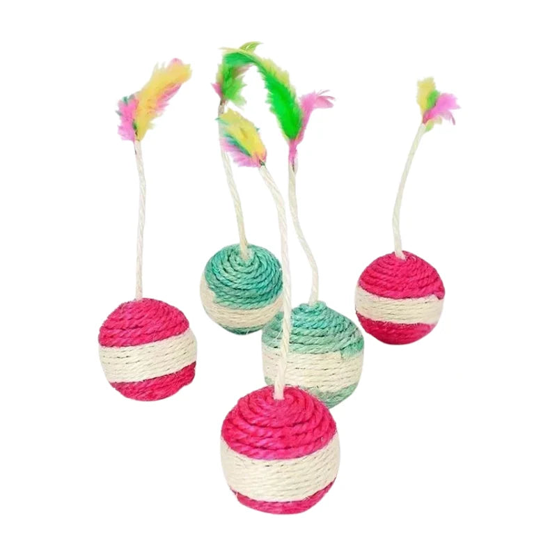 Cat Toy Ball Natural Sisal & Feathers 5-Pack