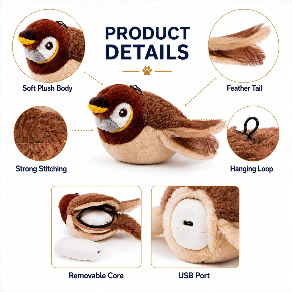 Cat Toy Flapping Chirping Bird USB Rechargeable Plush Kicker