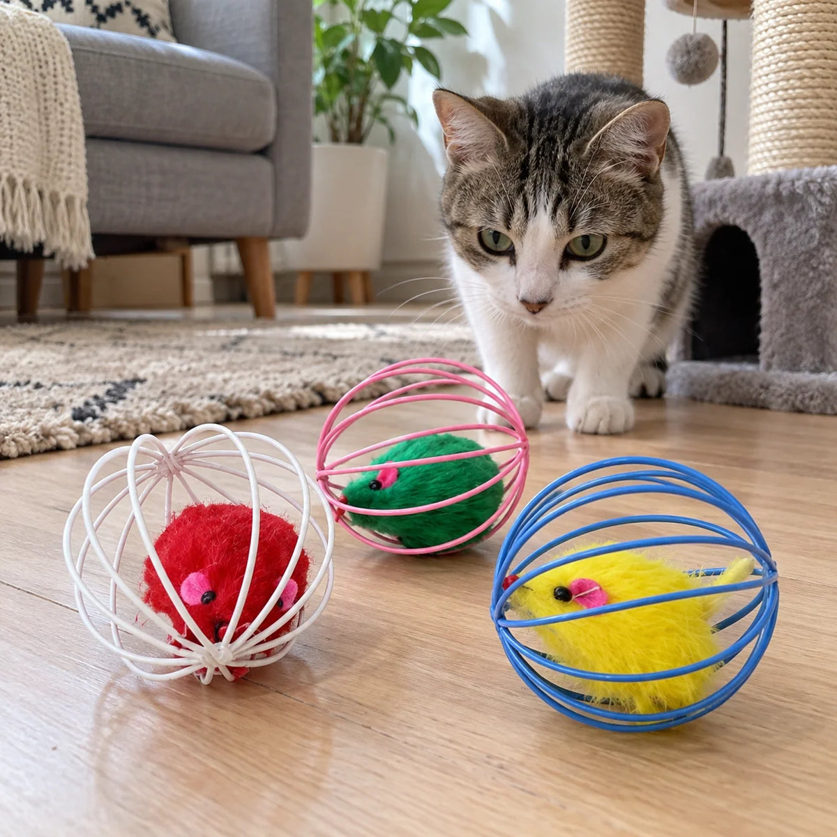 Cat Toy Rolling Metal Cage With Furry Mouse
