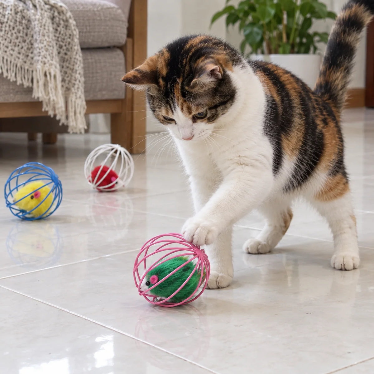 Cat Toy Rolling Metal Cage With Furry Mouse