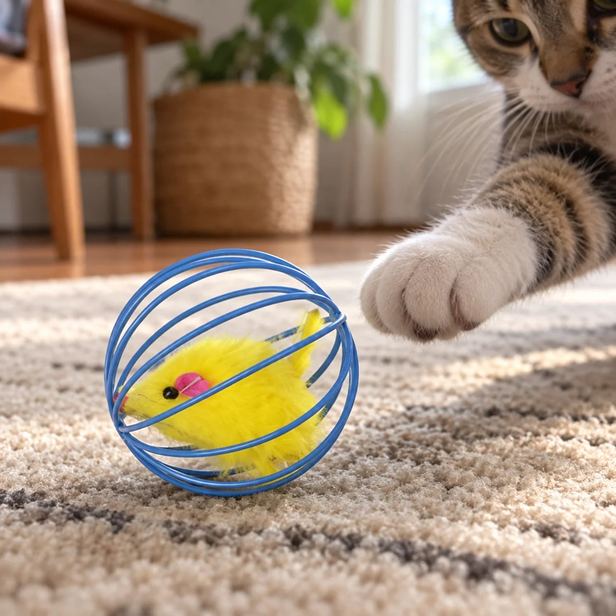 Cat Toy Rolling Metal Cage With Furry Mouse