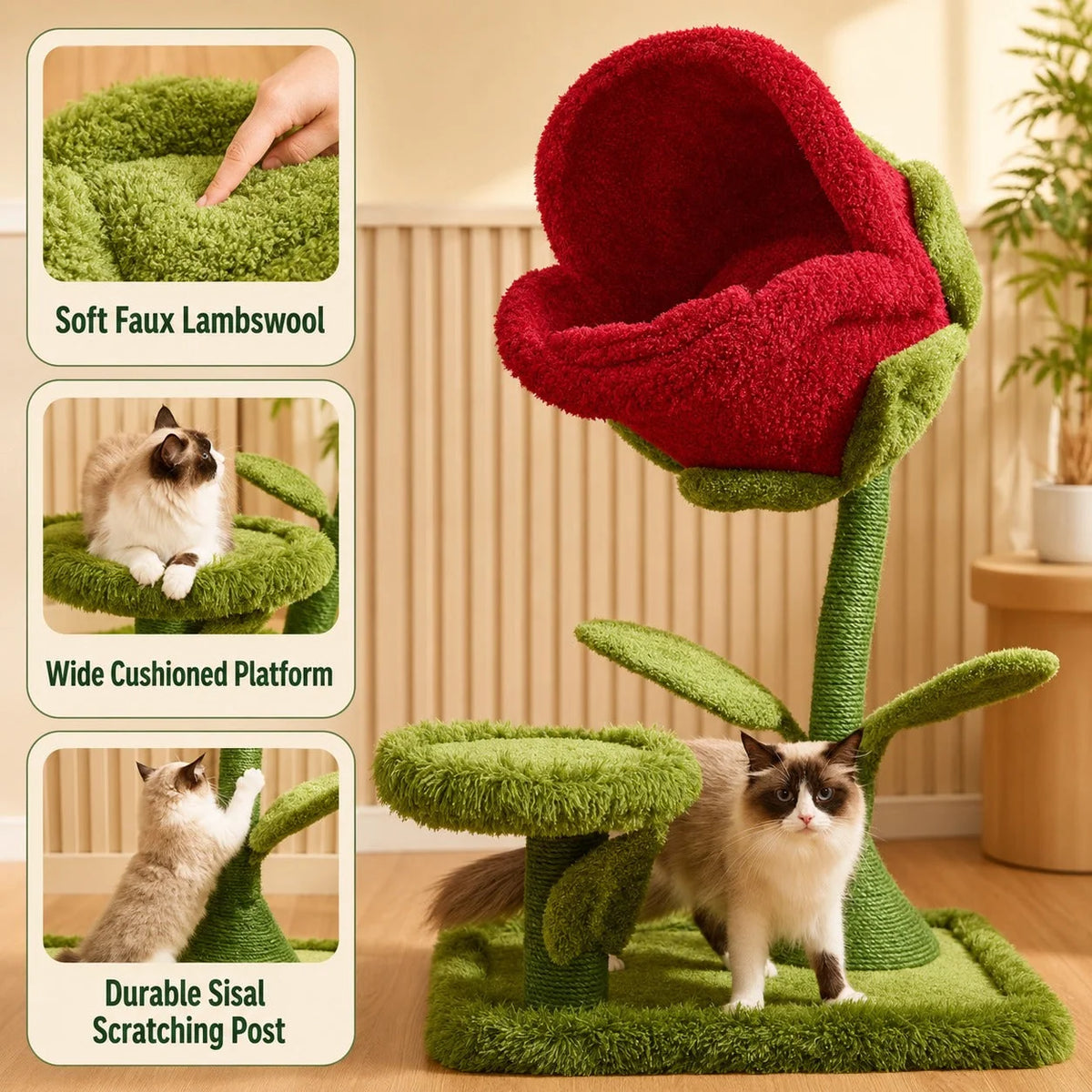 Cat Tree Flower-Shaped Plush Nest & Sisal Scratching Posts