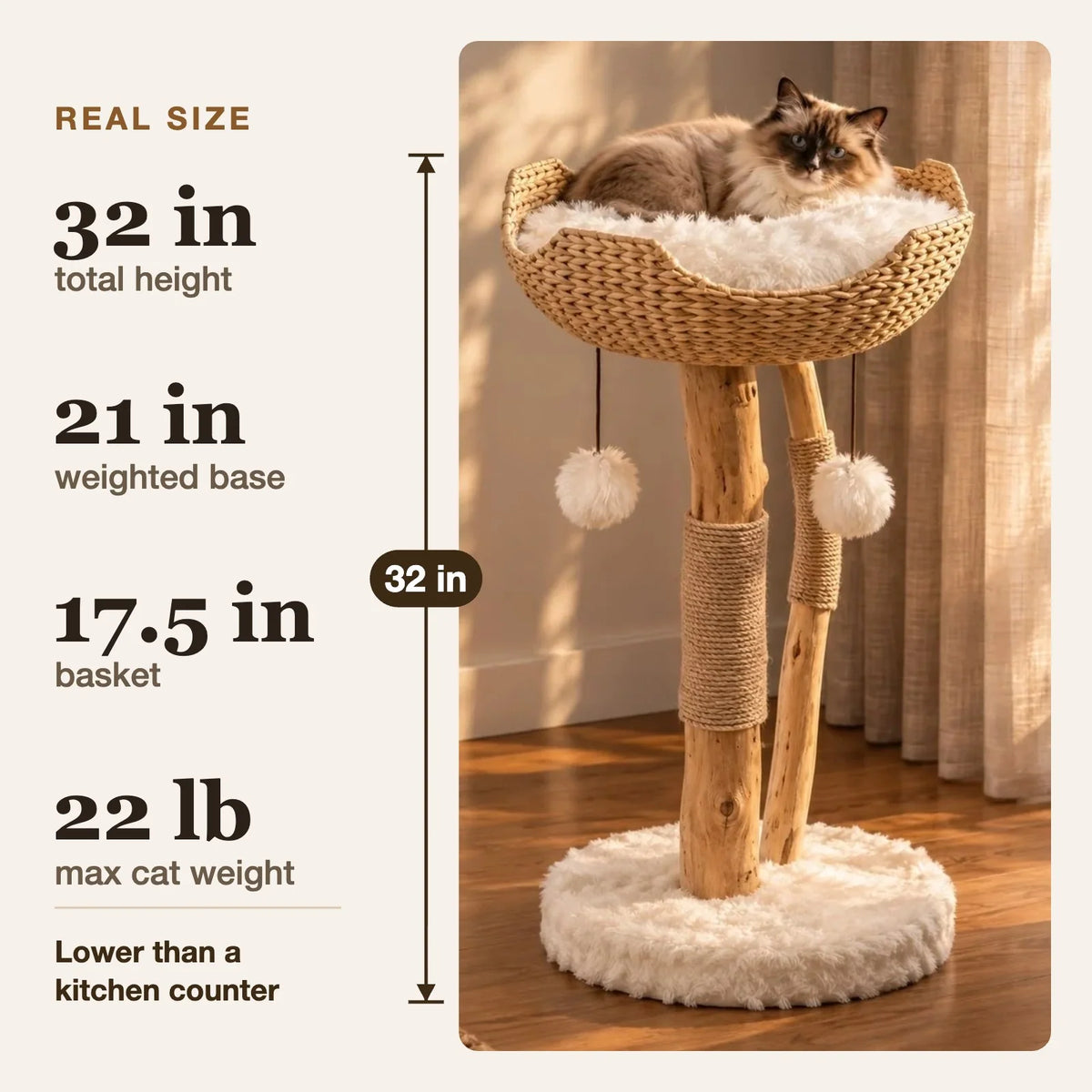 Cat Tree Woven Basket Bed Natural Branches 32-Inch Tall