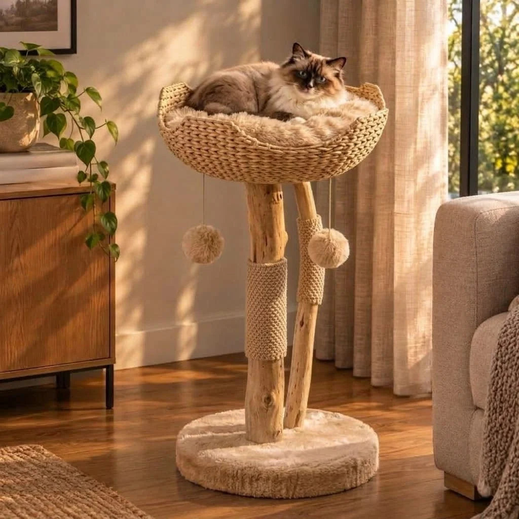 Cat Tree Woven Basket Bed Natural Branches 32-Inch Tall