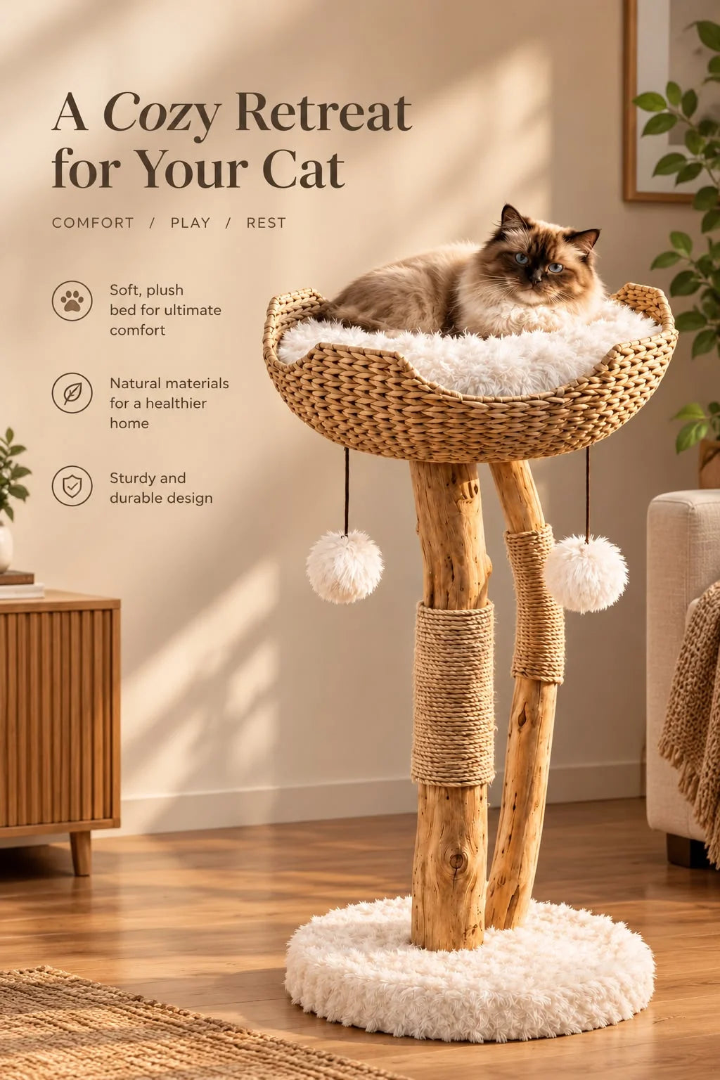 Cat Tree Woven Basket Bed Natural Branches 32-Inch Tall