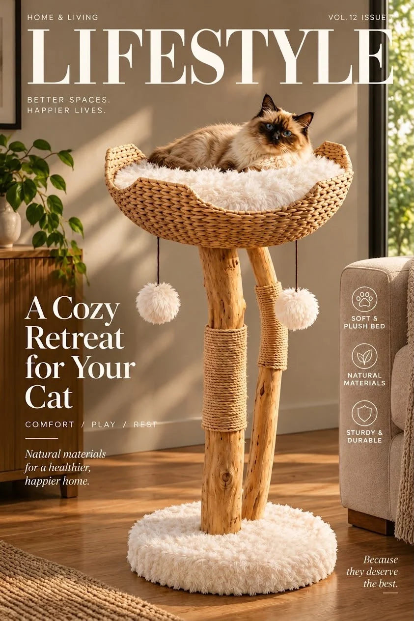 Cat Tree Woven Basket Bed Natural Branches 32-Inch Tall