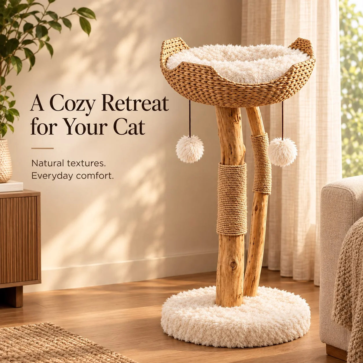 Cat Tree Woven Basket Bed Natural Branches 32-Inch Tall