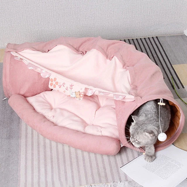 Cat Tunnel Bed Foldable Corduroy With Plush Balls