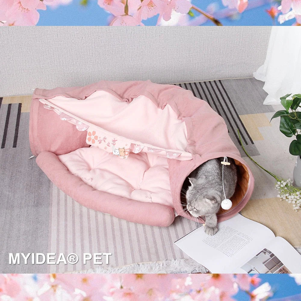 Cat Tunnel Bed Foldable Corduroy With Plush Balls