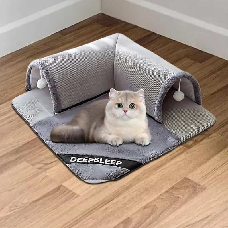 Cat Tunnel Bed Plush Velvet Soft Cushion & Play Ball