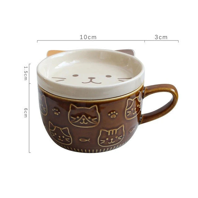 Ceramic Cat Mug With Lid 10.2–13.5 Fl Oz