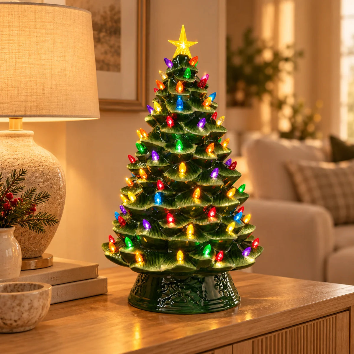 Ceramic Christmas Tree Glazed Ceramic Warm LED Multicolor Lights