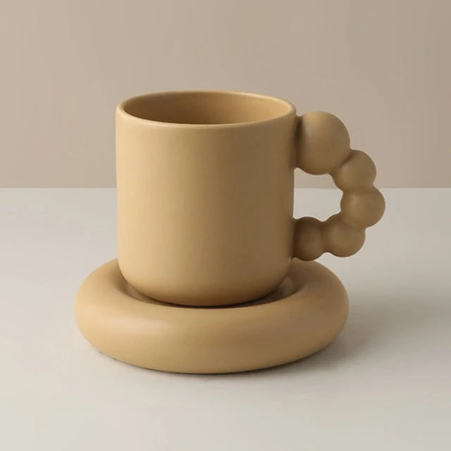 Ceramic Coffee Mug Berry-Shaped Handle With Matching Tray