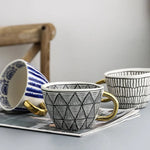 Ceramic Coffee Mug Geometric Pattern Gold Handle 330ml