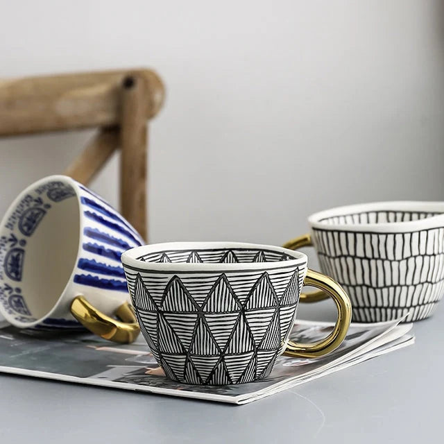Ceramic Coffee Mug Geometric Pattern Gold Handle 330ml